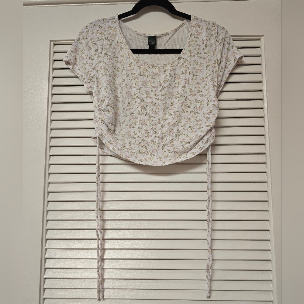 Wild Fable - Floral Ribbed Short-Sleeve Tie Ruched Sides Crop Top